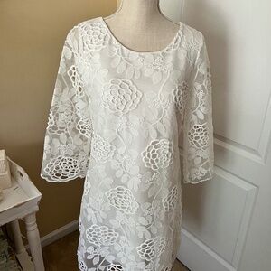 White Floral Embroidered Lace Dress with Bell Sleeves SZ L